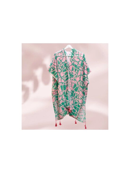 Unknown Other - Pink & Green Geometric Print Kimono Tassel Accents Beach Cover Up Cruise New